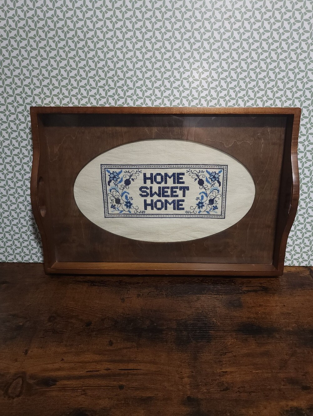 Vibtane Framed 'Home Sweet Home' Cross Stitch Tray - Cottagecore
